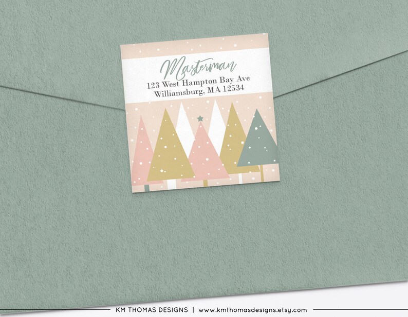 Holiday Address Label Sticker Printable, Christmas Return Address Label Square, Winter Trees Pink, WH116 image 3