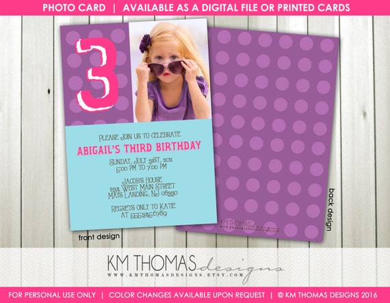 Photo Birthday Invitation - Custom 3rd Birthday Invitation Girl - Polka Dot Birthday Invitation - Pink and Purple Invitation - BD148 Il_570xn