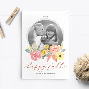 Afdrukbare herfst wenskaart met foto, herfst fotokaart, Thanksgiving kaart, perzik herfstbloemen, aangepaste vakantie fotokaart - FA101
