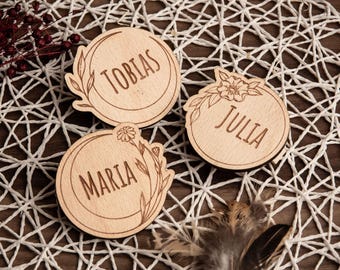 Personalized wooden badges, individually engraved name badges, laser cut wooden badge round floral design