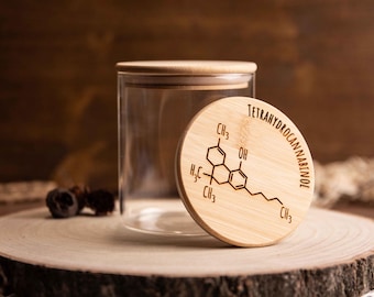 Storage jar, stash jar, glass jar, THC glass storage jar with bamboo lid for storing tetrahydrocannabinol, gift for smokers
