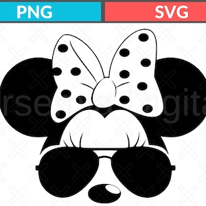 May include: Black and white graphic of a cartoon character's face, featuring large round ears, a polka-dot bow, sunglasses, and a small nose. The image includes the text "PNG" and "SVG" in blue and red boxes.