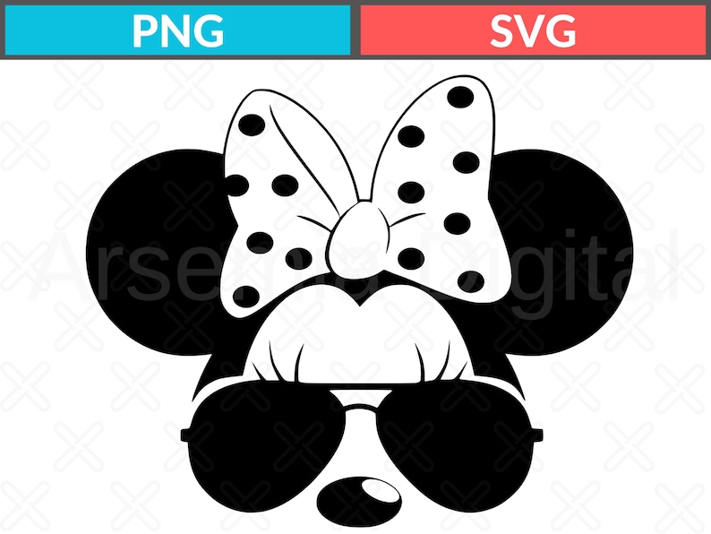 May include: Black and white graphic of a cartoon character's face, featuring large round ears, a polka-dot bow, sunglasses, and a small nose. The image includes the text "PNG" and "SVG" in blue and red boxes.