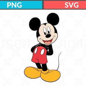 May include: A digital illustration of Mickey Mouse featuring his iconic black ears, a cream-colored face, red shorts with two white oval buttons, and large yellow shoes. The character is standing with a smile, and the image includes text labels PNG and SVG.