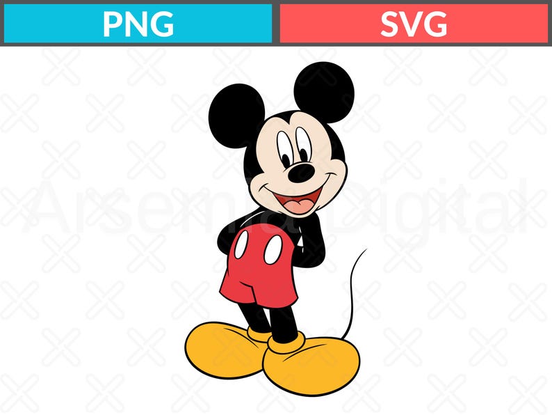 May include: A digital illustration of Mickey Mouse featuring his iconic black ears, a cream-colored face, red shorts with two white oval buttons, and large yellow shoes. The character is standing with a smile, and the image includes text labels PNG and SVG.