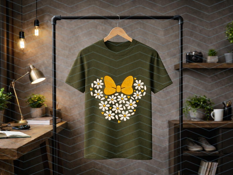 Puede incluir: Camiseta verde oliva con un dise&ntilde;o floral en forma de lazo y orejas de rat&oacute;n. El lazo es amarillo y las flores son blancas con centros amarillos. La camiseta est&aacute; colgada en una percha negra.