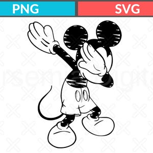 Puede incluir: Ilustración en blanco y negro de Mickey Mouse en pose de dab. Mickey lleva guantes, pantalones cortos y zapatos blancos. La imagen incluye el texto "PNG" en un cuadro azul y "SVG" en un cuadro rojo.