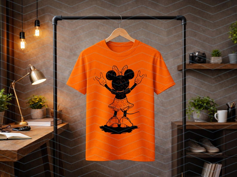 May include: Bright orange t-shirt featuring a black silhouette of Minnie Mouse with her arms raised. Minnie Mouse is wearing a polka-dot skirt and bow. The t-shirt is hanging on a black clothing rack.