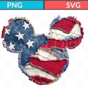 May include: A mouse-shaped graphic design featuring a patchwork of red, white, and blue denim fabric. The left ear displays a blue denim pattern with white stars, while the rest of the shape consists of frayed red and white striped fabric pieces.