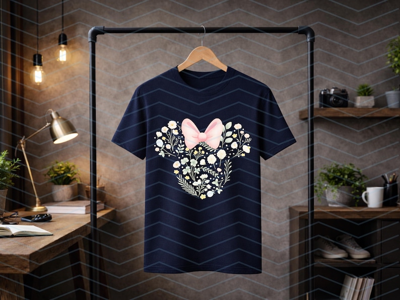 May include: Navy blue t-shirt featuring a floral design shaped like a mouse head, with a pink bow. The design includes white and yellow flowers and green leaves. The t-shirt is hanging on a wooden hanger.