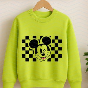 May include: A bright green sweatshirt with a black and white checkered pattern and a cartoon image of Mickey Mouse with a wink.
