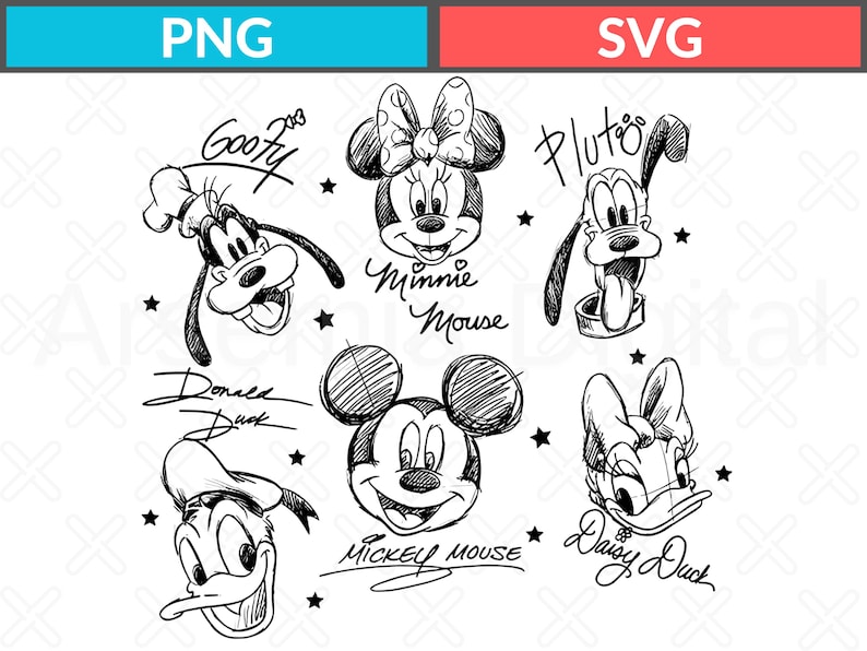 Vintage Mickey and Friends Signatures Svg, Mickey & Co Baby Png Crop Tank, Mickey Sketch Svg, Disney Sketch Png, Disney Family Svg image 1