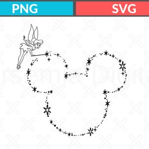 May include: Black and white illustration featuring Tinkerbell with a wand, creating a Mickey Mouse head shape with stars and dots. The image includes the text "PNG" and "SVG".
