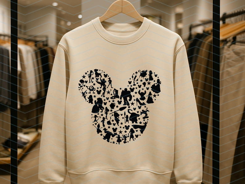 May include: A beige crewneck sweatshirt featuring a large black graphic on the chest. The graphic is shaped like a mouse head silhouette and is composed of numerous small black silhouettes of various animated characters, stars, and small mouse icons.