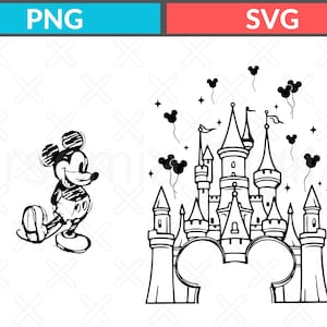 Può includere: Disegno a tratto nero e bianco con Topolino, un castello e palloncini. Topolino sorride e cammina. Il castello ha più torri e archi a forma di orecchie di Topolino. Sono inclusi anche palloncini e stelle.