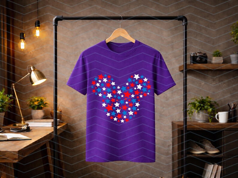 May include: A purple short-sleeved t-shirt featuring a central graphic composed of numerous small red, white, and blue stars arranged to form the distinct silhouette of a mouse head shape. The shirt has a crew neckline and is displayed on a hanger.