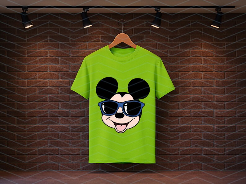 K&ouml;nnte beinhalten: Ein helles, limettengr&uuml;nes Kurzarm-T-Shirt mit einem Grafikdruck von Mickey Mouse, der eine dunkelblaue Sonnenbrille tr&auml;gt. Das Design zeigt die ikonischen runden Ohren, ein l&auml;chelndes Gesicht mit offenem Mund und eine blaue Brille.