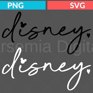 Op de afbeelding: Een digitaal ontwerp met het woord "Disney" in een cursief lettertype, met een Mickey Mouse-hoofd dat de punt boven de "i" vervangt. Het ontwerp is beschikbaar in zwart en wit.