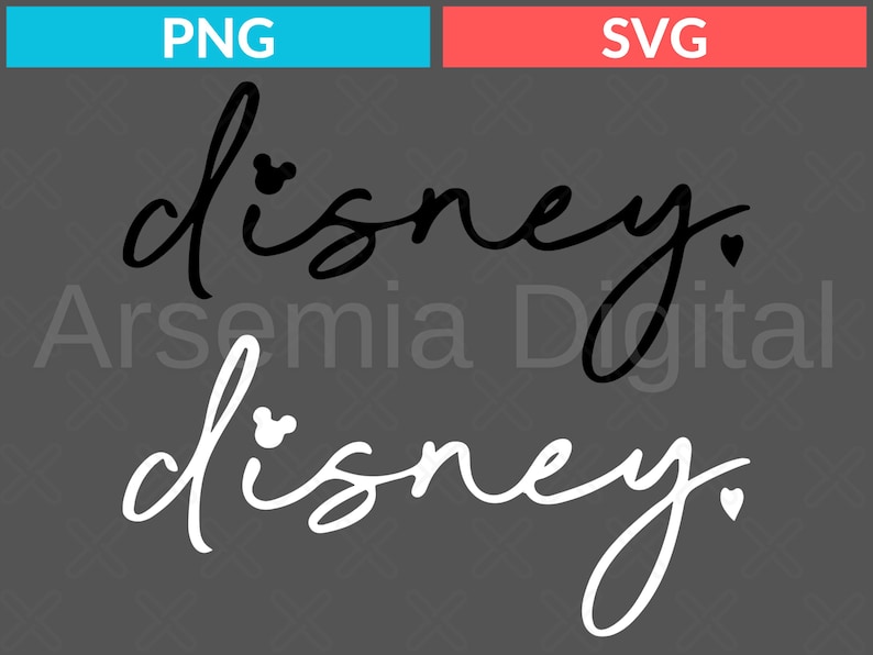 Op de afbeelding: Een digitaal ontwerp met het woord "Disney" in een cursief lettertype, met een Mickey Mouse-hoofd dat de punt boven de "i" vervangt. Het ontwerp is beschikbaar in zwart en wit.