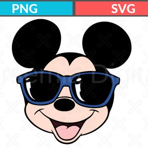 K&ouml;nnte beinhalten: Eine grafische Illustration eines Cartoon-Mauskopfes mit gro&szlig;en schwarzen Ohren, einem hellrosa Gesicht und einer schwarzen Nase. Die Figur tr&auml;gt eine leuchtend blaue Sonnenbrille mit dunklen Gl&auml;sern und hat ein breites, offenes L&auml;cheln.