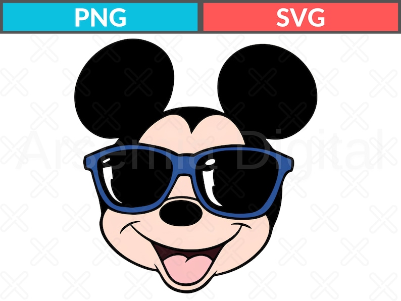 K&ouml;nnte beinhalten: Eine grafische Illustration eines Cartoon-Mauskopfes mit gro&szlig;en schwarzen Ohren, einem hellrosa Gesicht und einer schwarzen Nase. Die Figur tr&auml;gt eine leuchtend blaue Sonnenbrille mit dunklen Gl&auml;sern und hat ein breites, offenes L&auml;cheln.