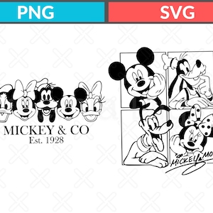 May include: A black and white digital graphic featuring two sets of character illustrations. The left side shows five character faces with the text MICKEY & CO Est. 1928. The right side displays four framed character portraits with the text MICKEY MOUSE.