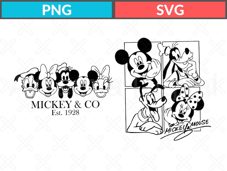 May include: A black and white digital graphic featuring two sets of character illustrations. The left side shows five character faces with the text MICKEY & CO Est. 1928. The right side displays four framed character portraits with the text MICKEY MOUSE.