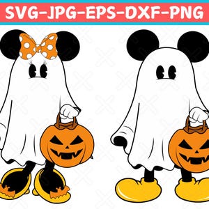 May include: Two cartoon ghosts dressed as Mickey Mouse and Minnie Mouse holding orange jack-o'-lantern buckets.  The ghosts are white with black eyes and mouths.  Minnie Mouse has a red and white polka dot bow on her head.