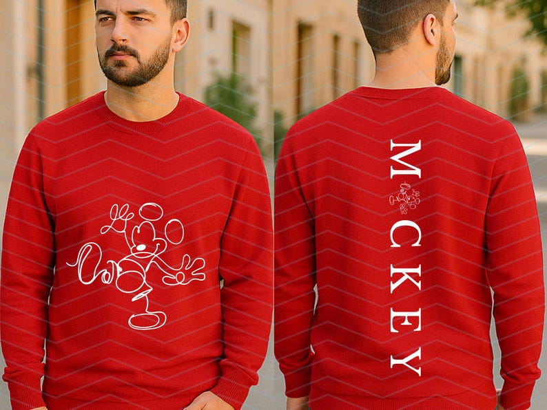 Puede incluir: Una sudadera roja de manga larga con un gr&aacute;fico de l&iacute;neas blancas de un rat&oacute;n de dibujos animados en la parte delantera. La parte posterior muestra el texto vertical blanco "MCKEY" con un peque&ntilde;o gr&aacute;fico de rat&oacute;n a juego sobre las letras.