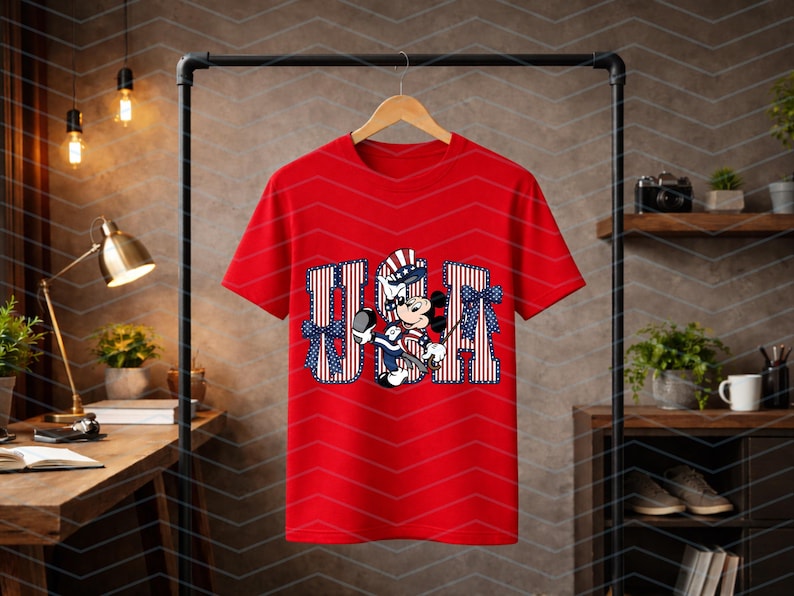 May include: A bright red short-sleeved t-shirt featuring a large graphic of Mickey Mouse wearing a patriotic hat. The letters U, S, and A are printed in a red and white striped pattern with blue star accents and blue bows on the sides.