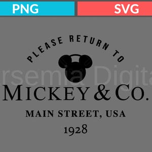 Puede incluir: Diseño gráfico en blanco y negro con la cabeza de Mickey Mouse y el texto "PLEASE RETURN TO MICKEY & CO. MAIN STREET, USA 1928".