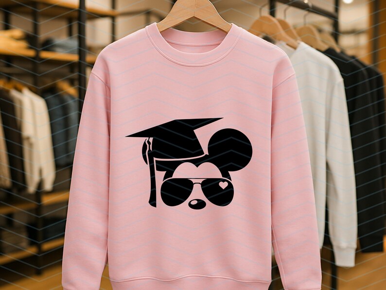 May include: A light pink crewneck sweatshirt featuring a black graphic of a mouse wearing sunglasses, a graduation cap, and a heart. Other sweatshirts are visible in the background.
