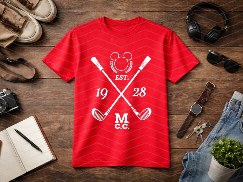 May include: Red t-shirt with a white graphic featuring crossed golf clubs, a Mickey Mouse head, and the text "EST. 1928 M.C.C.". The shirt is displayed on a wooden surface with accessories.