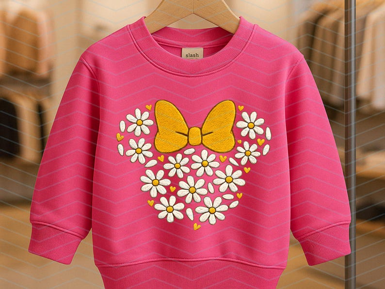 Puede incluir: Una sudadera rosa con cuello redondo y mangas largas. La parte delantera presenta un dise&ntilde;o bordado de un lazo amarillo y margaritas blancas dispuestas en forma de cabeza de Mickey Mouse. La marca "slash" est&aacute; en la etiqueta.