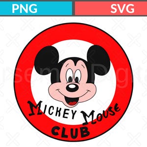 May include: A circular graphic featuring the face of Mickey Mouse in the center, surrounded by a thick red border. The text "MICKEY MOUSE CLUB" is printed in black lettering along the bottom curve of the red border against a white background.