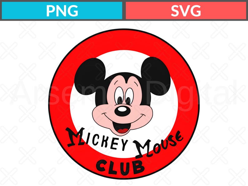 May include: A circular graphic featuring the face of Mickey Mouse in the center, surrounded by a thick red border. The text "MICKEY MOUSE CLUB" is printed in black lettering along the bottom curve of the red border against a white background.