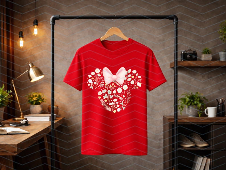 May include: A red t-shirt featuring a floral design in the shape of a mouse head with a pink bow. The design is composed of white flowers and green leaves. The t-shirt is hanging on a wooden hanger.