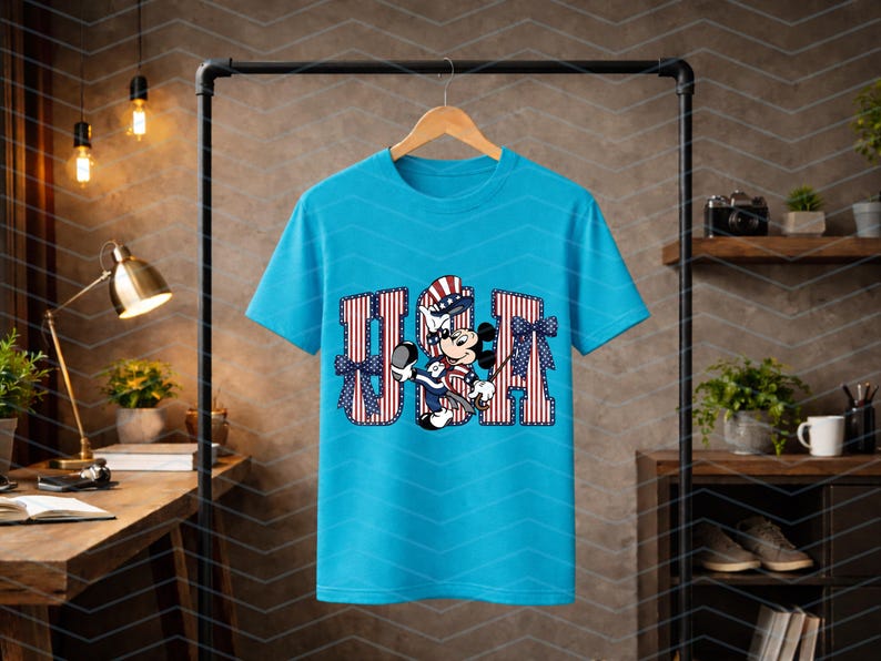 May include: A bright turquoise short-sleeve t-shirt featuring a graphic print of the letters USA in a red and white striped pattern. A cartoon mouse character wearing a patriotic hat and outfit is positioned in the centre with blue bows.