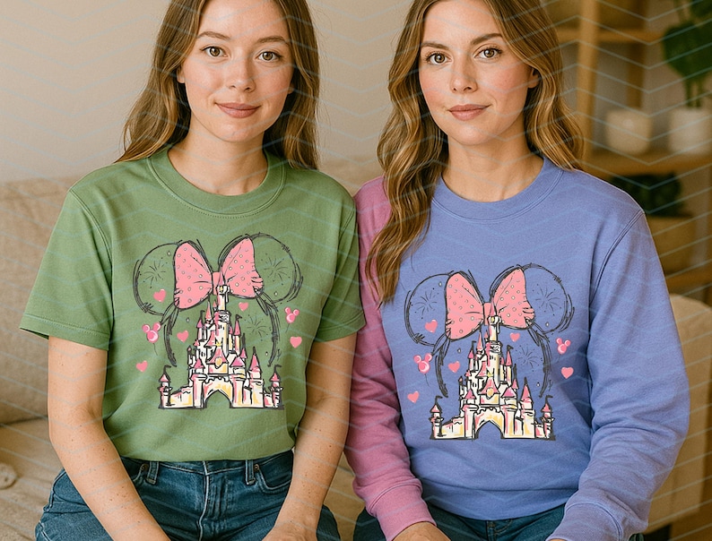 Pu&ograve; includere: Due donne indossano magliette verdi e viola con una grafica di un fiocco rosa e un castello. La grafica &egrave; un disegno stilizzato di un castello con un fiocco rosa in cima.