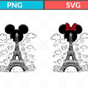 Puede incluir: Ilustración en blanco y negro de la Torre Eiffel con orejas de Mickey Mouse y un lazo rojo con lunares. El diseño incluye nubes, corazones y espirales, perfecto para un tema de viaje o Disney.