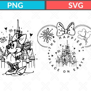 May include: Black and white line art featuring Minnie Mouse in front of a castle with fireworks and hearts. The image also includes a design of Minnie Mouse ears with a bow, fireworks, and balloons, with the text "THE HAPPIEST PLACE ON EARTH."