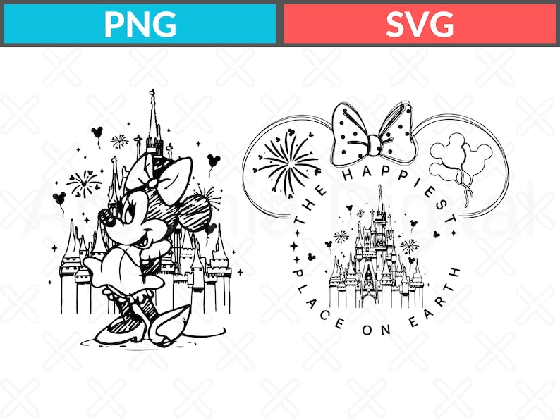 May include: Black and white line art featuring Minnie Mouse in front of a castle with fireworks and hearts. The image also includes a design of Minnie Mouse ears with a bow, fireworks, and balloons, with the text "THE HAPPIEST PLACE ON EARTH."