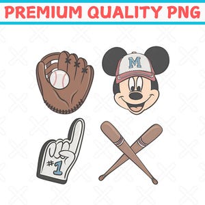 May include: A set of four baseball-themed clip art images. The images include a baseball glove with a ball, a Mickey Mouse character wearing a baseball cap, a foam finger with the number one, and two crossed baseball bats.