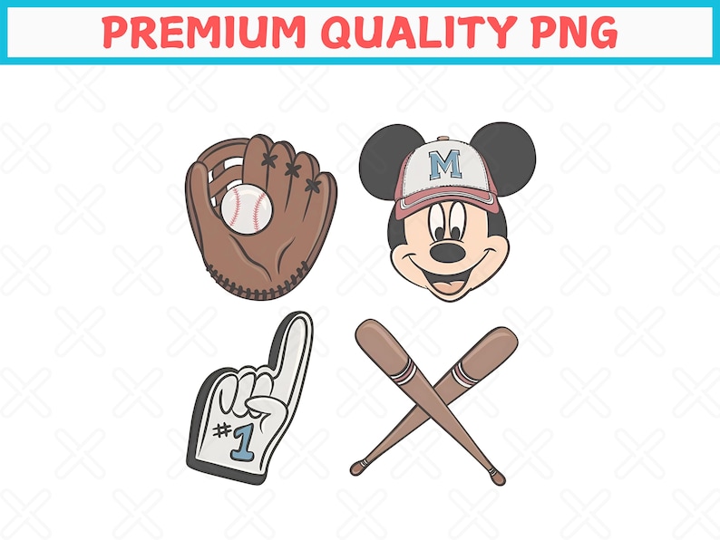May include: A set of four baseball-themed clip art images. The images include a baseball glove with a ball, a Mickey Mouse character wearing a baseball cap, a foam finger with the number one, and two crossed baseball bats.