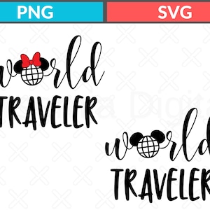 May include: Black and white graphic with the words "world traveler" in a script font. The word "world" features a Mickey Mouse head with a globe design and a red bow. The image is a PNG and SVG file.