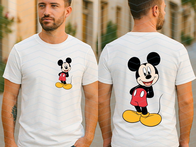 May include: A white short-sleeved t-shirt featuring a small graphic of Mickey Mouse on the left chest and a large matching graphic of Mickey Mouse on the back. The character is depicted with black ears, a red pair of shorts, and yellow shoes.