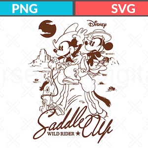 May include: A brown and white graphic featuring Mickey Mouse and another character riding a horse in a Western scene. The text "Saddle Up Wild Rider" is below the characters, with the Disney logo at the top.