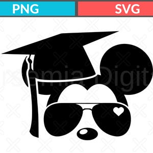 May include: Black and white graphic of a cartoon character wearing a graduation cap and sunglasses. The sunglasses have a heart on one lens. The image has the text "PNG" in a blue box and "SVG" in a red box.