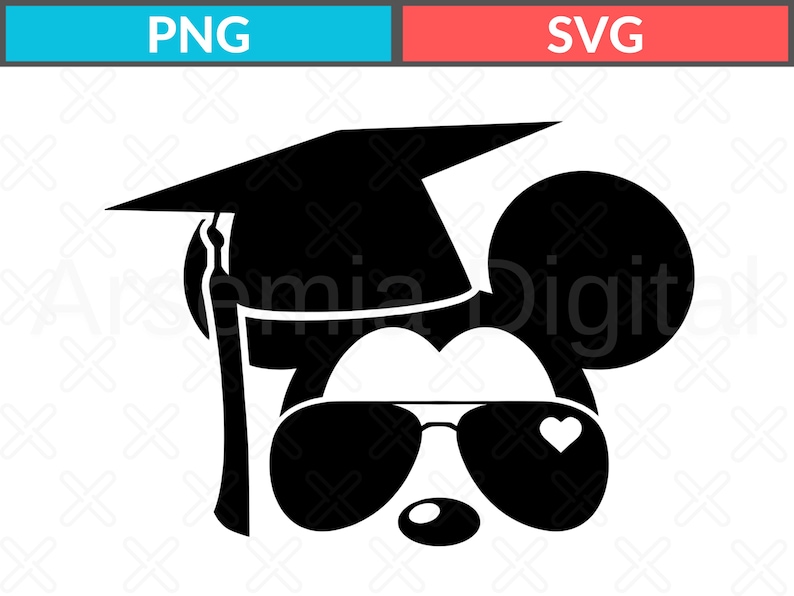 May include: Black and white graphic of a cartoon character wearing a graduation cap and sunglasses. The sunglasses have a heart on one lens. The image has the text "PNG" in a blue box and "SVG" in a red box.