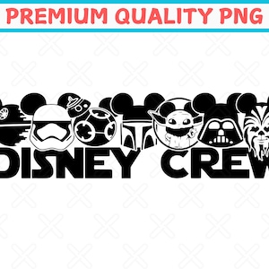 Puede incluir: Diseño en silueta en blanco y negro de orejas de Mickey Mouse con personajes de Star Wars, incluyendo Darth Vader, Chewbacca, Yoda y un Stormtrooper. El texto "DISNEY CREW" está debajo de los personajes.